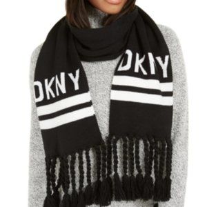 NWT DKNY Women S Black / White Logo Stadium Scarf with Tassel Fringe
